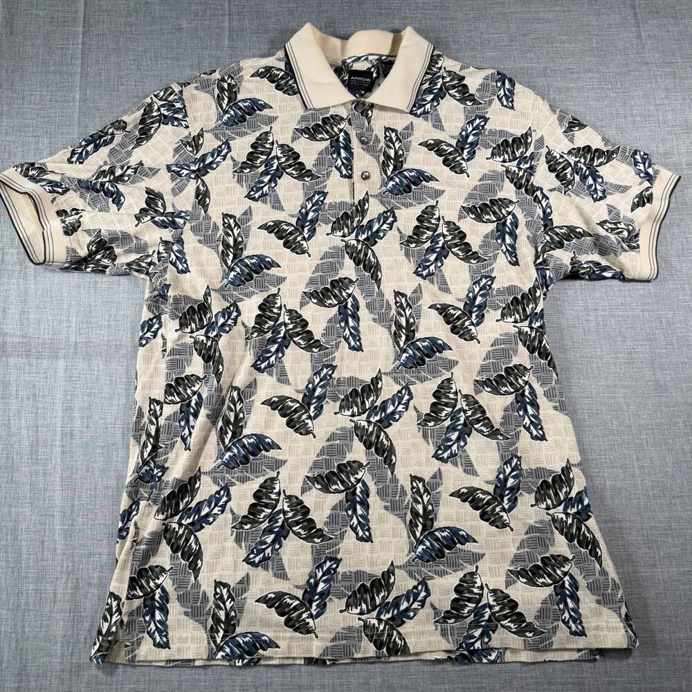 Men’s Short Sleeve Golf Polo Hawaiian Floral Pattern M Rayon Blend Cream Shirt